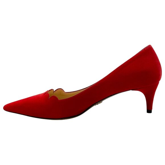 Prada Red Suede Scalloped Edge Kitten Heel Pumps - Picture 3 of 6